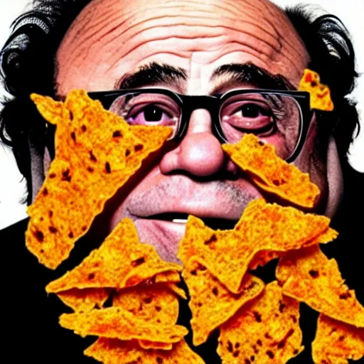 Image similar to danny devito with skin made out of a dorito