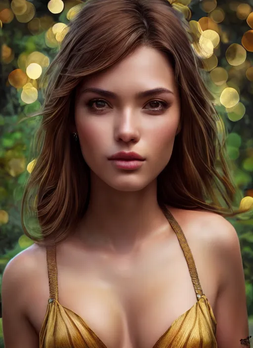 Image similar to photo of a gorgeous female in the style of stefan kostic, realistic, half body shot, sharp focus, 8 k high definition, insanely detailed, intricate, elegant, art by stanley lau and artgerm, extreme bokeh foliage