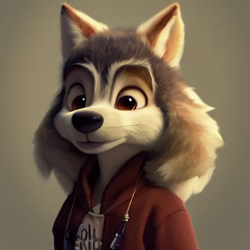 Image similar to portrait character design a cute fluffy wolf girl, style of maple story and zootopia, 3 d animation demo reel, portrait studio lighting by jessica rossier and brian froud and gaston bussiere