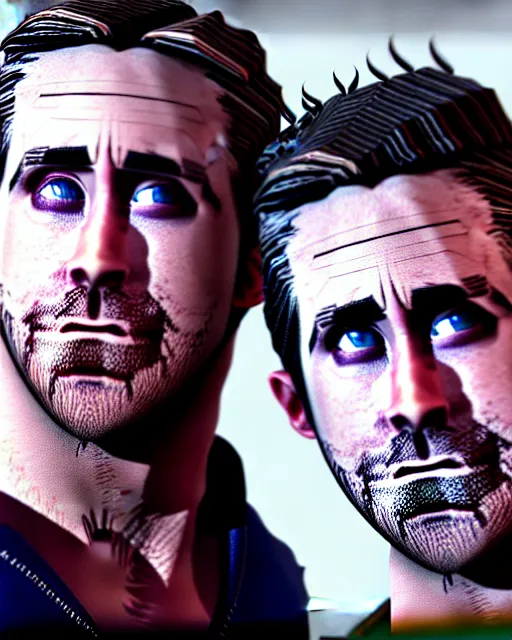 Image similar to ryan gosling and jake gyllenhaal posing dramatically together rendered in unreal engine 5, by wlop, greg rutkowski, and peter mohrbacher, octane render, ultra high detail, ultra realistic 3 d, extremely detailed shading, ray tracing, concept art, character design, trending on artstation, unreal engine 5, gritty atmosphere, glow, cinematic lighting, full of color