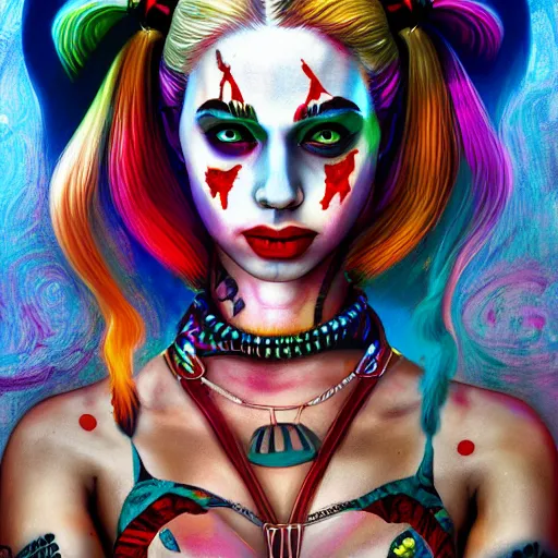 Prompt: An extremely psychedelic portrait of Harley Quinn, surreal, LSD, face, detailed, intricate, elegant, lithe, highly detailed, digital painting, artstation, concept art, smooth, sharp focus, illustration