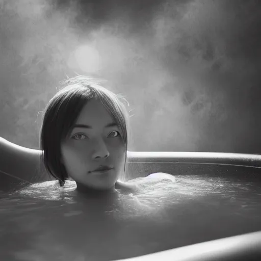 Image similar to photographic portrait by Annie Leibovitz of an anime girl in a hot tub, closeup, foggy, sepia, moody, dream-like, sigma 85mm f/1.4, 15mm, 35mm, 4k, high resolution, 4k, 8k, hd, full color