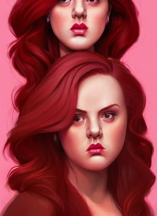 Image similar to full body portrait of teenage cheryl blossom, obese, bangs, green eyes, sultry expression, red hair, sultry smirk, bangs and wavy hair, pink skirt, fat, intricate, elegant, glowing lights, highly detailed, digital painting, artstation, concept art, smooth, sharp focus, illustration, art by wlop, mars ravelo and greg rutkowski