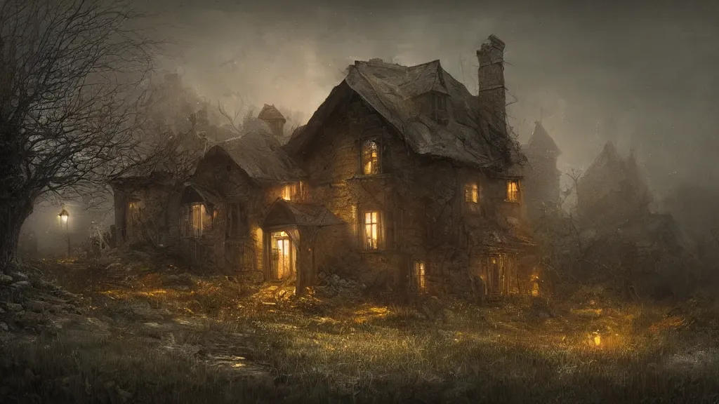 Image similar to A dark decrepit cottage on a hilltop at night, by Bastien LeCouffe-Deharme, hyperrealistic, Cryengine 8k UHD