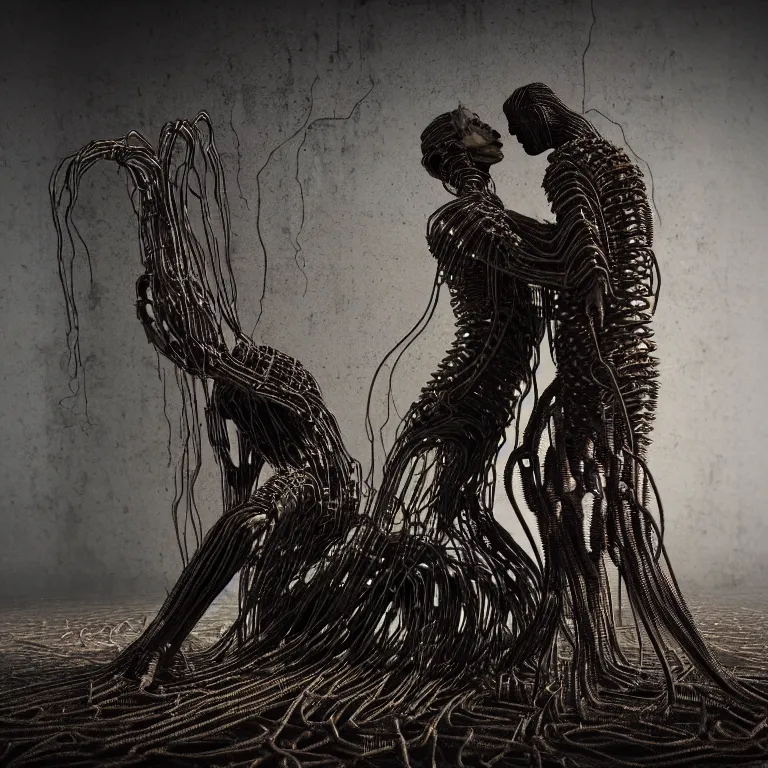 Prompt: portrait of abandoned ribbed sculpture of two kissing cyborgs, covered with wires, spines, roots, ash, mold, baroque painting, standing in a desolate empty wasteland, creepy, nightmare, dream-like heavy atmosphere, dark fog, surreal abandoned buildings, baroque painting, beautiful detailed intricate insanely detailed octane render trending on Artstation, 8K artistic photography, photorealistic, volumetric cinematic light, chiaroscuro, zoomed out, Raphael, Caravaggio, Beksinski, Giger