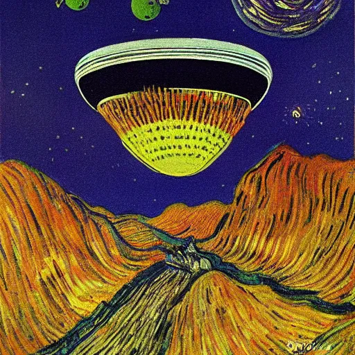 Prompt: van gough painting of a ufo flying at night.