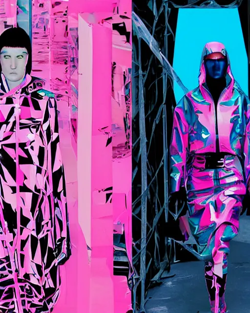 Prompt: a leaked screenshot of Balenciaga's fall 2049 campaign, prismatic, dazzle camouflage!, dayglo pink, dayglo blue, Bladerunner, cyberpunk