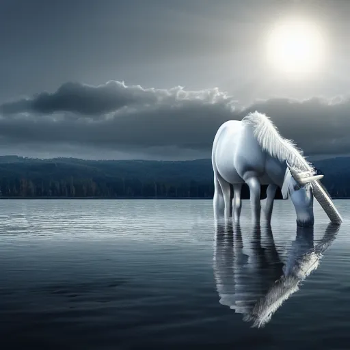 Image similar to a photograph of a white unicorn drinking from a lake. the moon shines on the unicorn. beautiful artstation, incredibly realistic, high quality, 8 k, hdr, incredibly detailed.