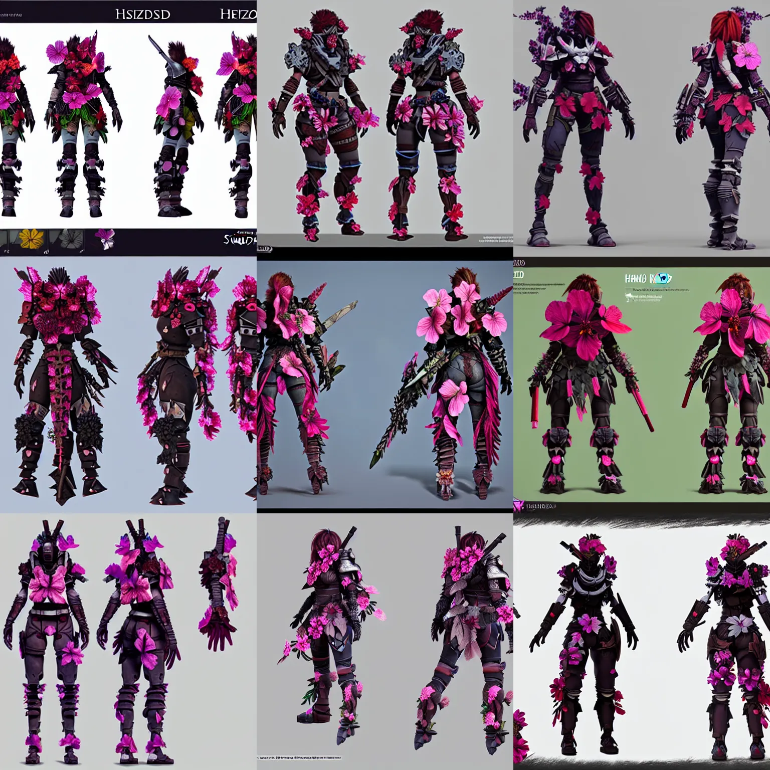 Prompt: hibiscus hybrid knight reference sheet from horizon zero dawn, unreal engine 3 d character reference sheet, hibiscus rosa - sinensis petals dryad by caravaggio