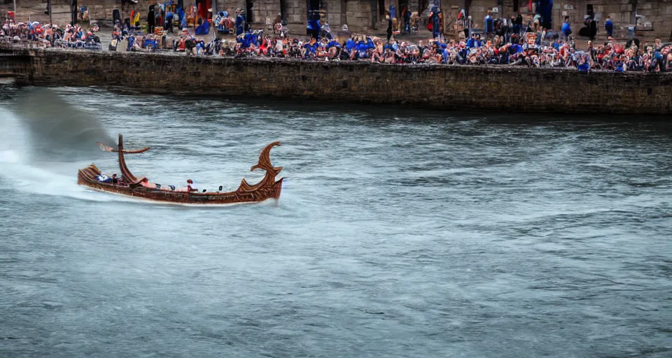 Image similar to a viking ship sailing down a river, f / 2. 8, motion blur
