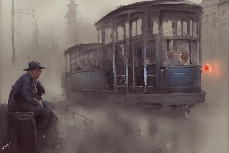 Image similar to small centered on watercolor paper, paint brush strokes, abstract watercolor painting of old man sitting on tram, poor and rugged, foggy dawn, morning dew, cinematic light, national romanticism by hans dahl, by jesper ejsing, by anders zorn, by greg rutkowski, by greg manchess, by tyler edlin