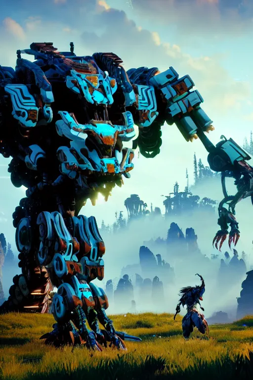 Image similar to a cinematic still from horizon zero dawn, full body mech, armored core, intact humanoid servo, octane render, nvidia raytracing demo, masterpiece, aged armor plating, decipticon armor plating, aggressive head, endoekeleton exposure