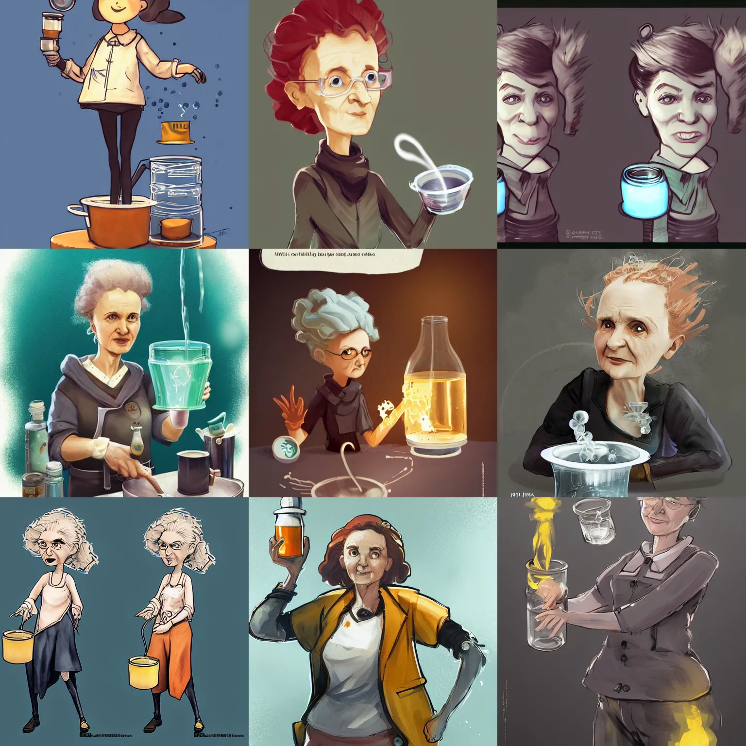 Prompt: marie curie boiling water in a beaker, detailed character concept art by fiona staples