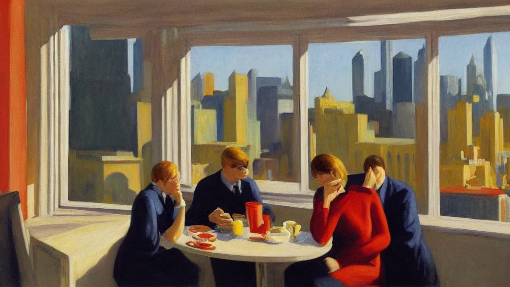 Image similar to 911 terrorist attacks as seen from the window of a luxury hotel while a couple eats breakfast, by Edward Hopper, high-resolution