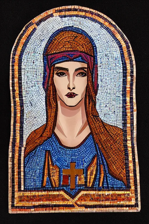 Image similar to Byzantine cyberpunk goddess, symmetrical, mosaic, felt