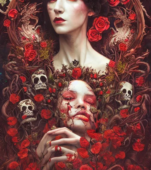 Image similar to portrait of the supreme queen of the blood cult, surrounded by skulls and overgrowth and dark flowers by karol bak, James Jean, tom bagshaw, rococo, trending on artstation, cinematic lighting, hyper realism, octane render, 8k, hyper detailed.