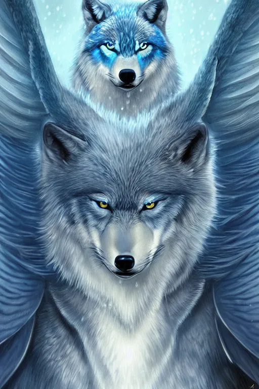 Image similar to blue wolf with wings, facing front, regal, elegant, winter, snow, beautiful, stunning, hd, illustration, epic, d & d, fantasy, intricate, elegant, highly detailed, digital painting, artstation, concept art, smooth, sharp focus, illustration, wallpaper, art by artgerm and greg rutkowski and alphonse mucha and jin xiaodi