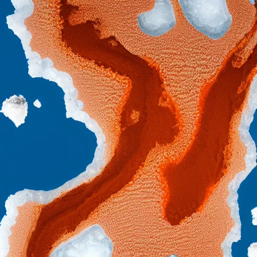 Image similar to top down view of map of country iceland made out of ice, accurate map, surrounded by ocean made out of hot orange lava, realistic