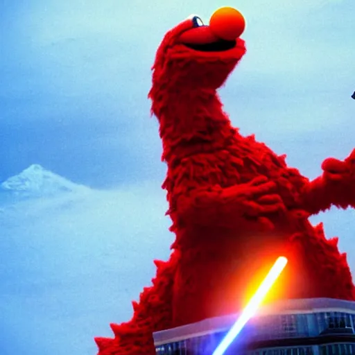 Image similar to Elmo defending San Francisco from Godzilla with a lightsaber