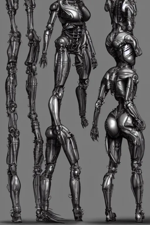 Prompt: cyclops!! cyborg female with gunmetal grey skin, medical anatomy, cyberpunk face, highly detailed, japanese, mecha asthetic, mechanical implants, three - perspective / three - view reference sheet ( front / back / side ), in the style of dan ouellette, dren from splice, hr giger, sil from species, artstation, unreal engine