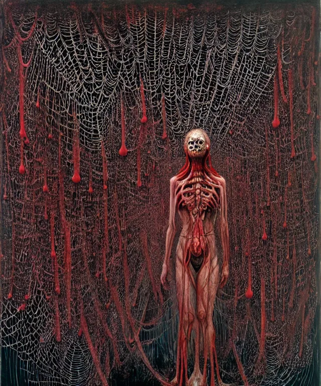 Prompt: a woman standing all covered in spiders, incredible number of spiders. extremely high details, many spider eyes, realistic, horror, creepy, web, masterpiece, art by hermann nitsch, zdzislaw beksinski, dariusz zawadzki, giger, dragan bibin, ed binkley