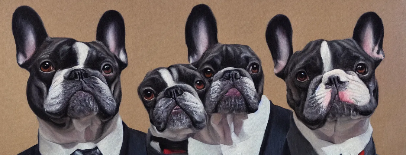 Image similar to oil painting of a french bulldog wearing businessman attire