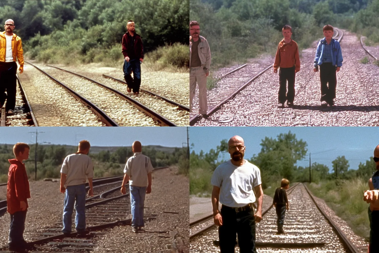 Prompt: Walter White and Jesse Pinkman talking while walking down train tracks a la Stand By Me, film still, 80s,