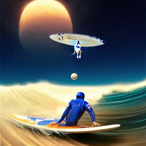 Image similar to a beautiful digital painting of an astronaut in a white and royal blue luxurious space suit surfing the great wave of Kanagawa on a chic surfboard at Pamukkale, thermal waters flowing down gold travertine terraces by greg rutkowski, during a blood moon, award winning photo, trending on artstation, highly detailed, unreal engine, octane render