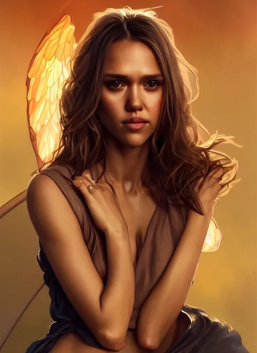 Image similar to half Jessica Alba half Nathalie Portman half scarlett johansonna pure seductive angel, full body portrait, slight smile, diffuse natural sun lights, autumn lights, highly detailed, digital painting, artstation, concept art, sharp focus, illustration, art by wlop and greg rutkowski and alphonse mucha and artgerm