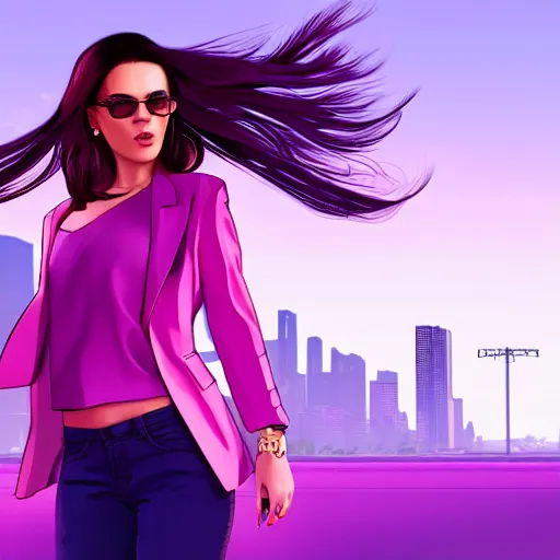 Image similar to a stunning GTA V loading screen with a beautiful woman with ombre hairstyle in purple and pink blowing in the wind, city streets, golden ratio, digital art, trending on artstation