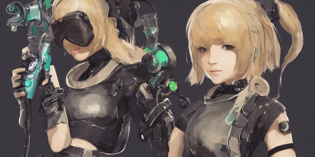 Image similar to portrait splatoon nintendo one character full body precis no blur, concept art, character sheet nier automata 2 d, yoji shinkawa, yoshitaka amano, greg rutkowski, cyberpunk, trending on artstation, featured on pixiv, hyper detail, cinematic composition, 8 k