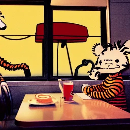 Prompt: calvin and hobbes in a diner, overhead lighting