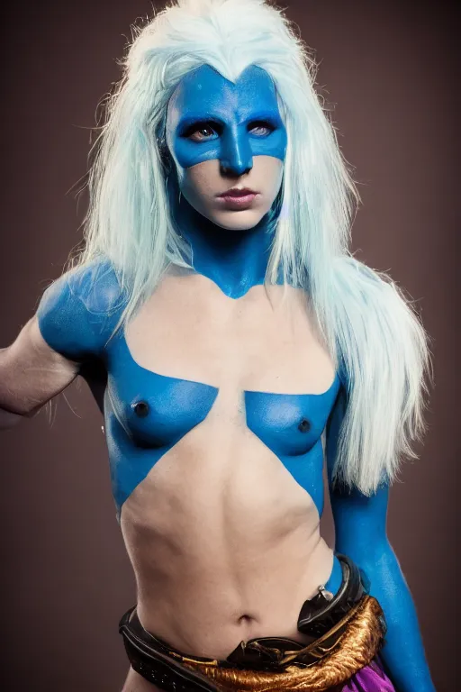 Image similar to a blue-skinned female DND vedalken, high resolution film still, 8k, HDR colors, cosplay, studio lighting, photo by bruce weber