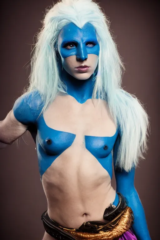 Prompt: a blue-skinned female DND vedalken, high resolution film still, 8k, HDR colors, cosplay, studio lighting, photo by bruce weber