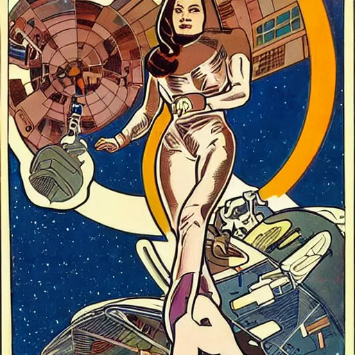 Prompt: a woman with straight brown hair, floating in space. she is an astronaut, wearing a space suit. well composed, clean elegant painting, beautiful detailed face. comic book art by steve ditko and jack kirby and ( alphonse mucha )
