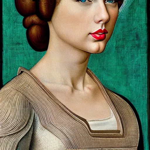 Image similar to taylor swift as princess leia, elegant portrait by sandro botticelli, detailed, symmetrical, intricate