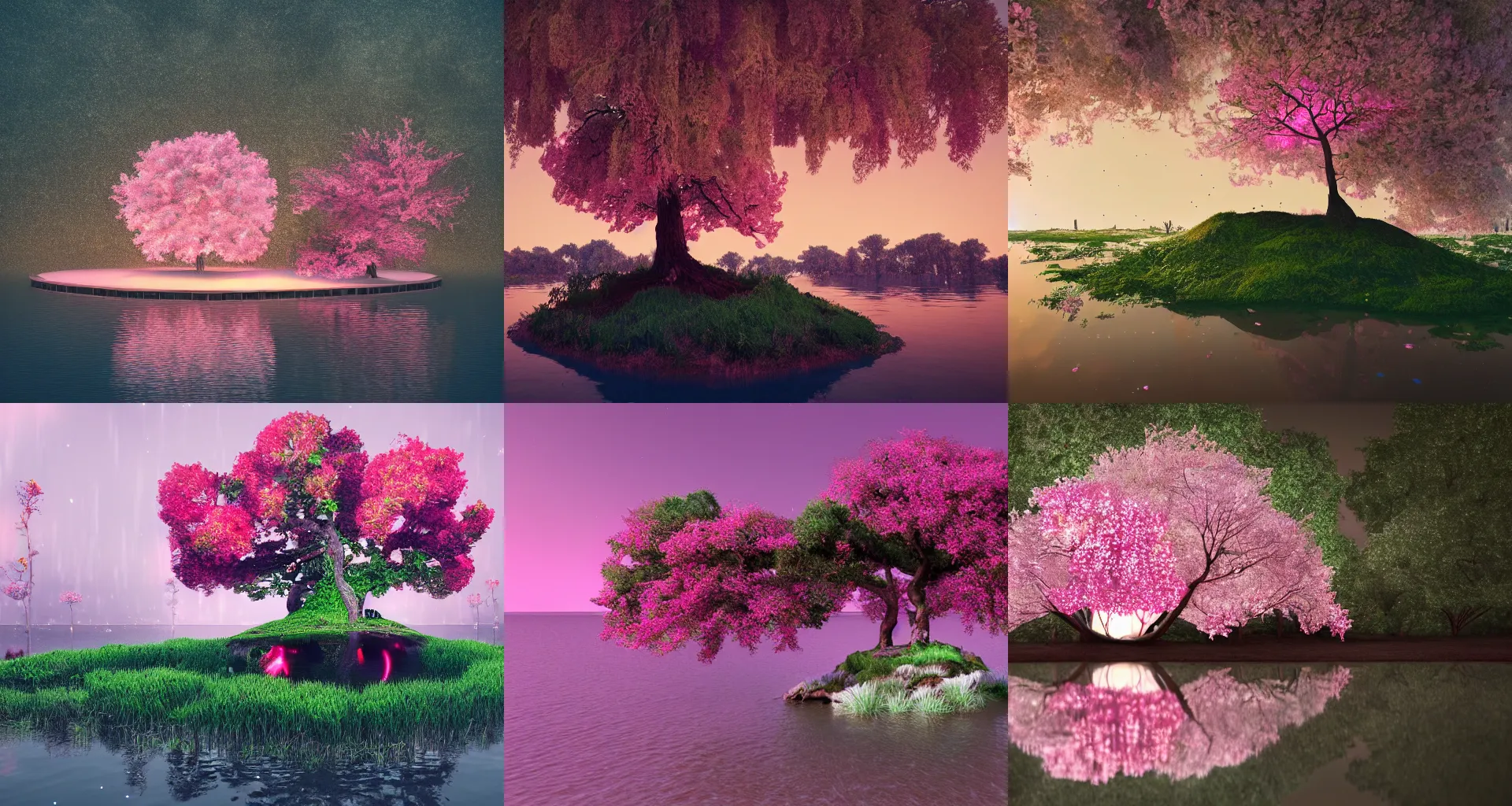 Prompt: tree on a tiny overgrown island in the middle of a lake, pink flowers, lanterns, dark, night, stars, glowing, 4 k, hd, vibrant, digital art, octane render, trending on artstation