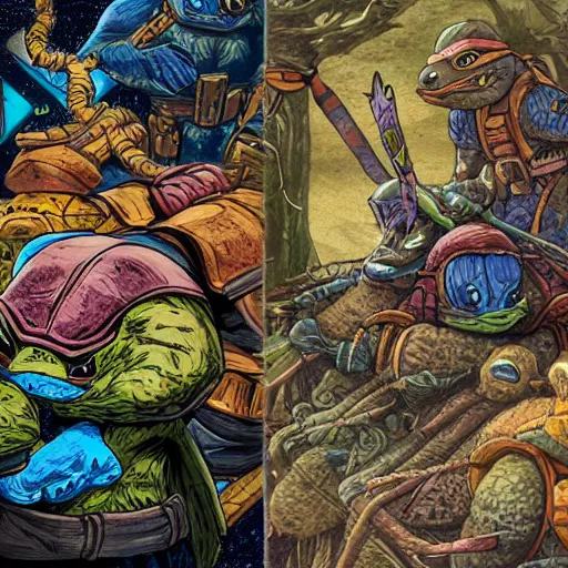 Prompt: The full set of tarot cards in the style of ninja turtles, hyperrealistic, highly detailed, depth of field, High definition, 8k, octane render, artstation