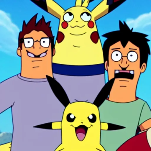 Prompt: epic movie poster summer blockbuster pikachu stars in bobs burgers