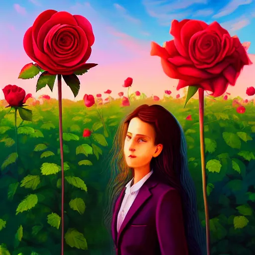 Image similar to closeup, huge rose flower head, frontal, girl in a suit, surreal photography, sunrise, blue sky, dramatic light, impressionist painting, digital painting, artstation, simon stalenhag