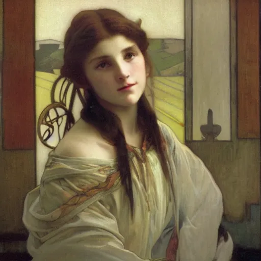 Image similar to a beautiful painting of a young girl in the scottish highlands, underexposed and overcast, by alphonse mucha, john sargent, and octane.