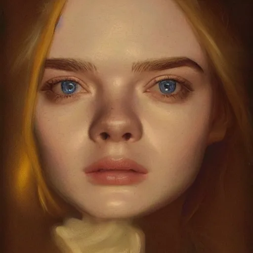 Image similar to Elle Fanning by the fire, head and shoulders portrait, extremely detailed masterpiece, chiaroscuro,