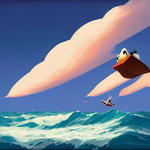 Image similar to goro fujita ilustration a bird flying over a fishing boat in the middle of the ocean with waves, foam on the waves, painting by goro fujita, sharp focus, highly detailed, artstation