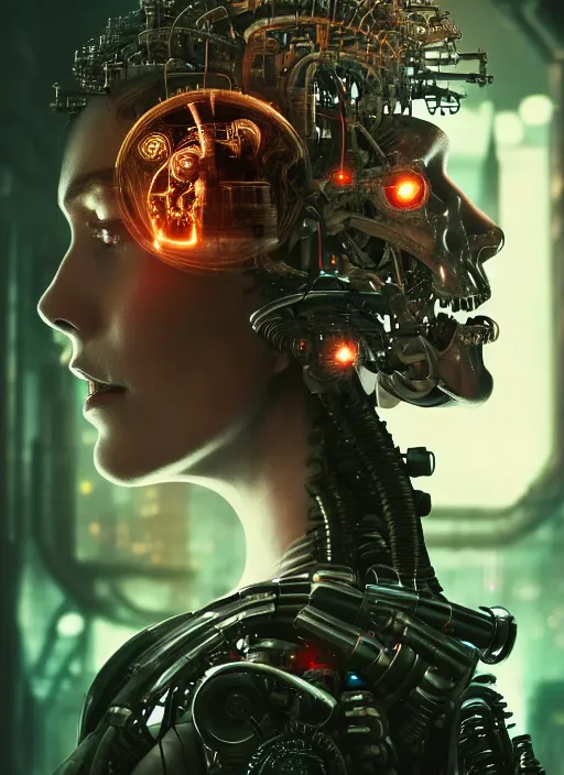 Image similar to 35mm portrait of a sophisticated intricate terminator woman's head on the background of a weird magical mechanical forest. Round gears visible inside her hear. Very detailed 8k. Fantasy cyberpunk horror. Sharp.