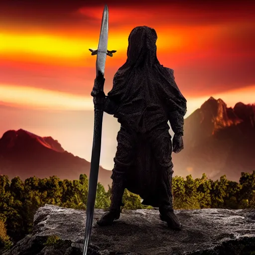 Image similar to a dark figure holding a sword, closeup shot, mountain's background, dawn, fantasy, 4 k resolution, award winning