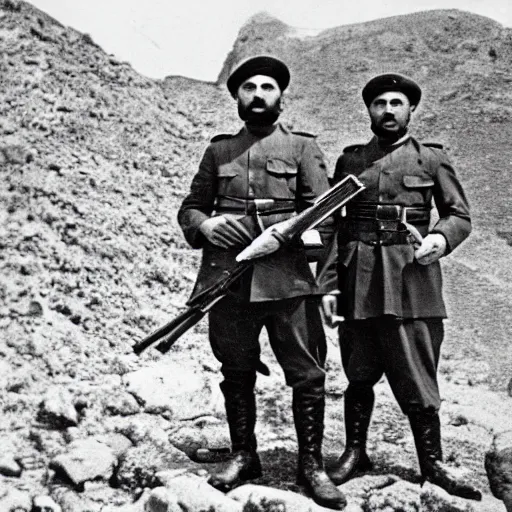 Prompt: 2 Armenian soldiers standing near a rock, holding their rifles