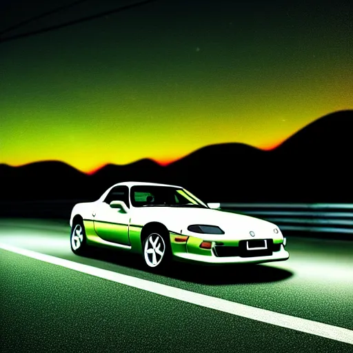 Image similar to a car Mazda RX7 in middle of road, gunma prefecture, night city, cinematic color, photorealistic, highly detailed