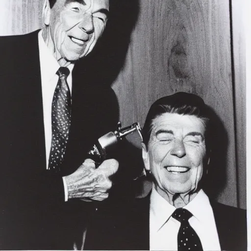 Image similar to Polaroid photograph of Ronald Reagan doing a bong rip