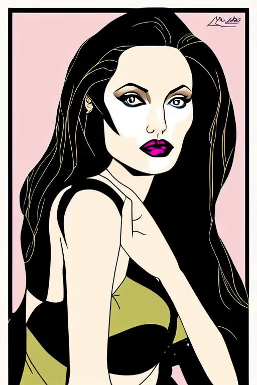 Prompt: digital illustration of Angelina Jolie by Patrick Nagel artist