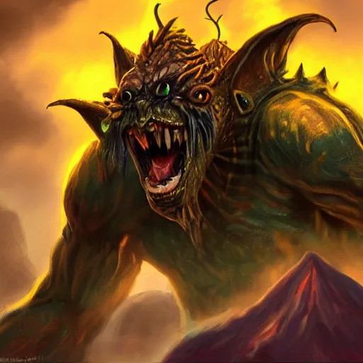 Image similar to a highly detailed goblin with dark skin and yellow eyes that glow, Like magic the gathering, goblin chainwalker, with a volcano in the background, digital art, by Christopher rush